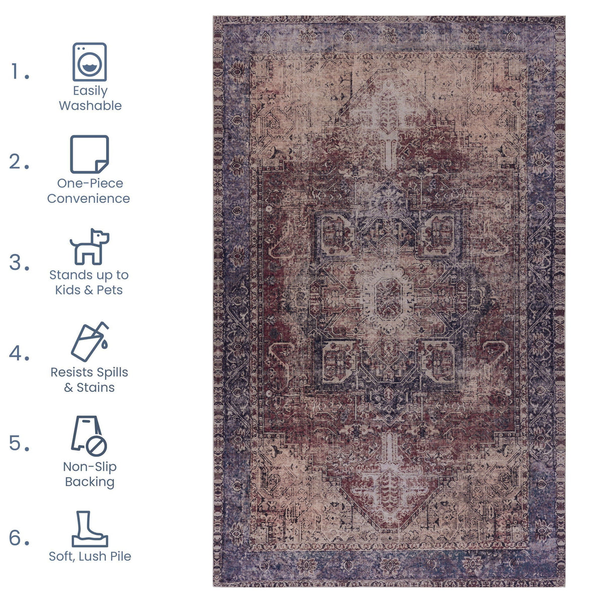 Unique Washable Area Rug with Low Pile - Multiple Colors
