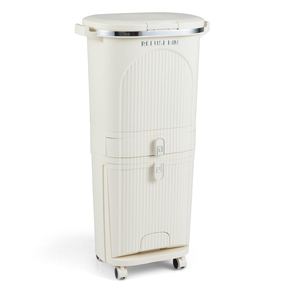 11 Gallon 3-Layer Kitchen Trash Can with Lid and 2 Removable Buckets-Beige