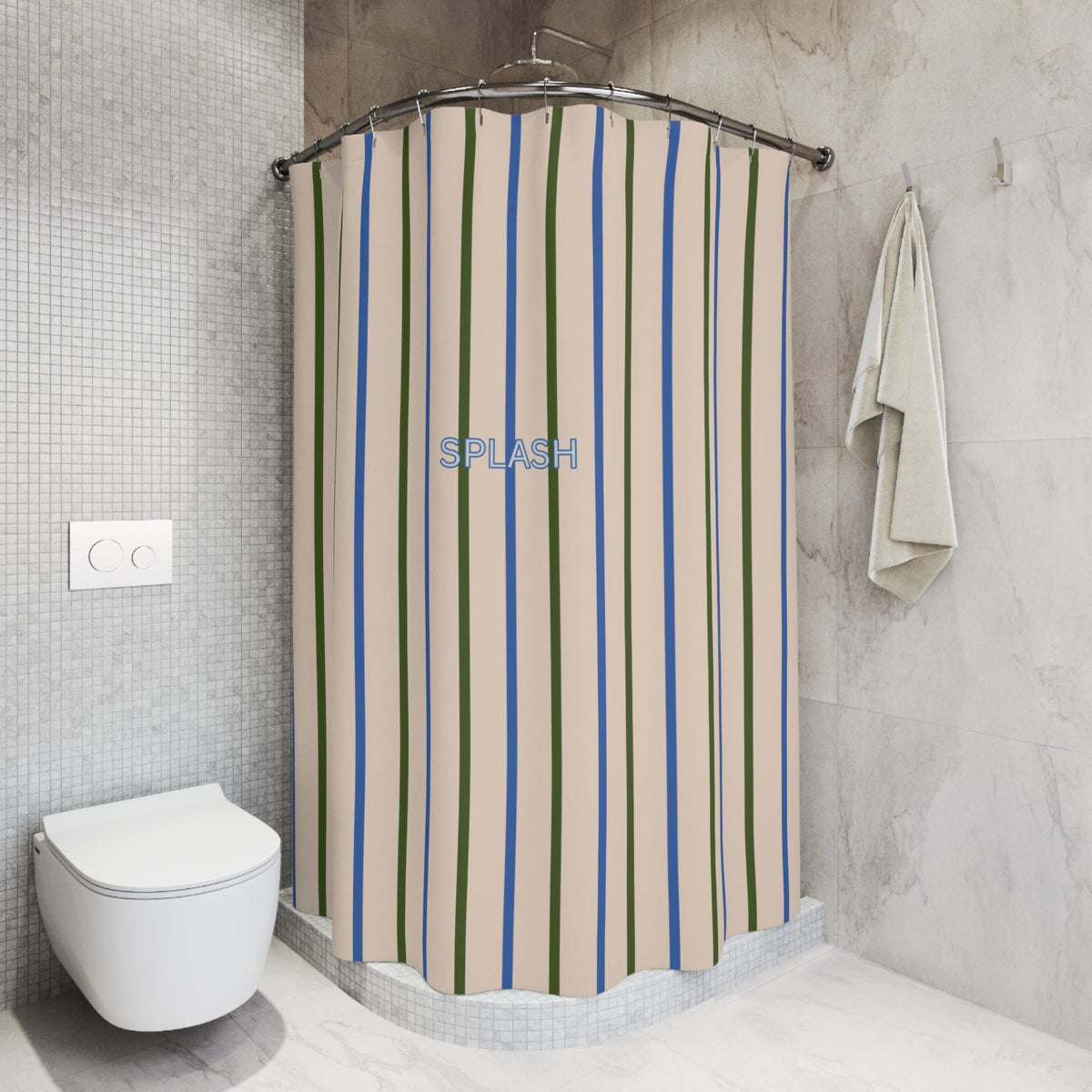 Playful 'SPLASH' Shower Curtain — Beige and Blue Modern Bath Curtain