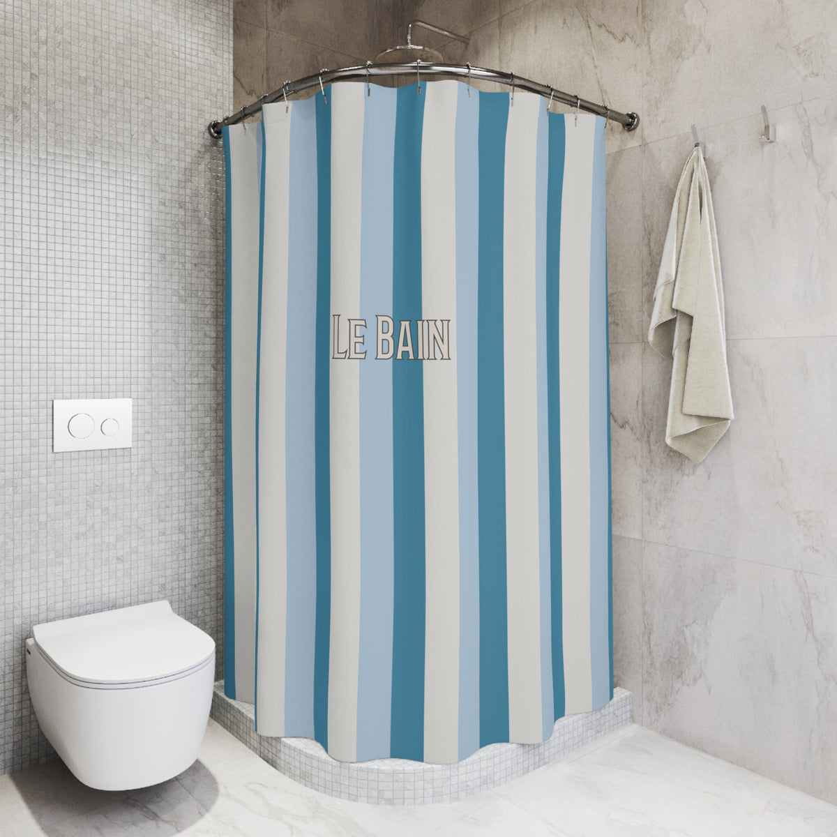 Tri-Color Azure Striped 'Le Bain' Shower Curtain – Modern Coastal Bathroom Decor