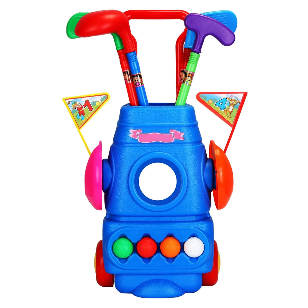 Toddler Golf Set with 4 Balls 4 Clubs 2 Holes 2 Flags Golf Cart Indoor Outdoor Golf Game Gift For 3-5 Years Old Kids