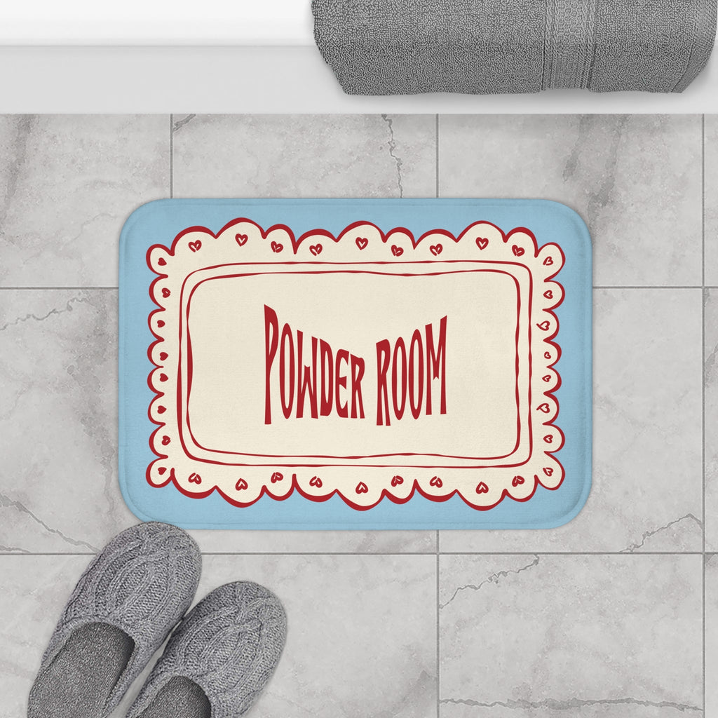 Powder Room Bath Mat | Pastel Blue Vintage Lace Doily Bathroom Rug
