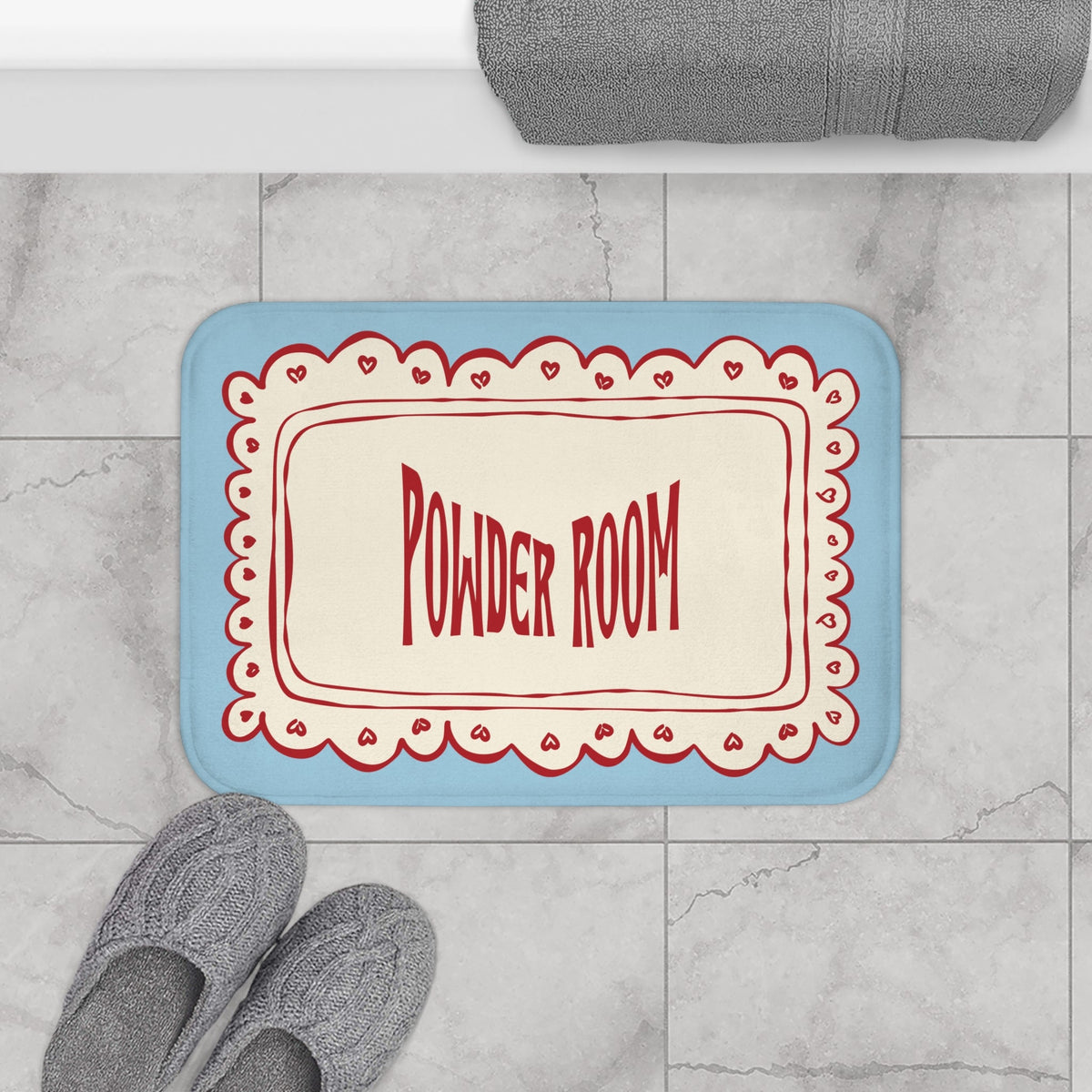 Powder Room Bath Mat | Pastel Blue Vintage Lace Doily Bathroom Rug