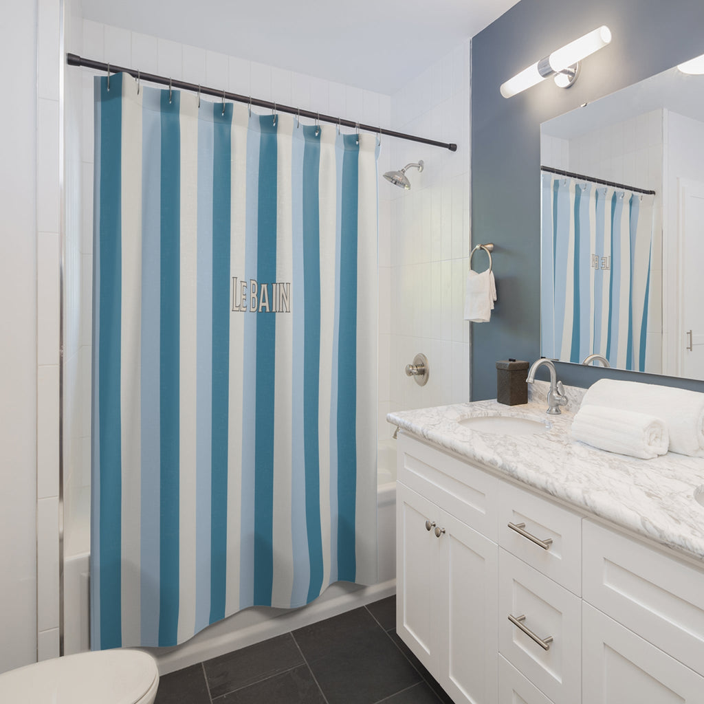 Tri-Color Azure Striped 'Le Bain' Shower Curtain – Modern Coastal Bathroom Decor