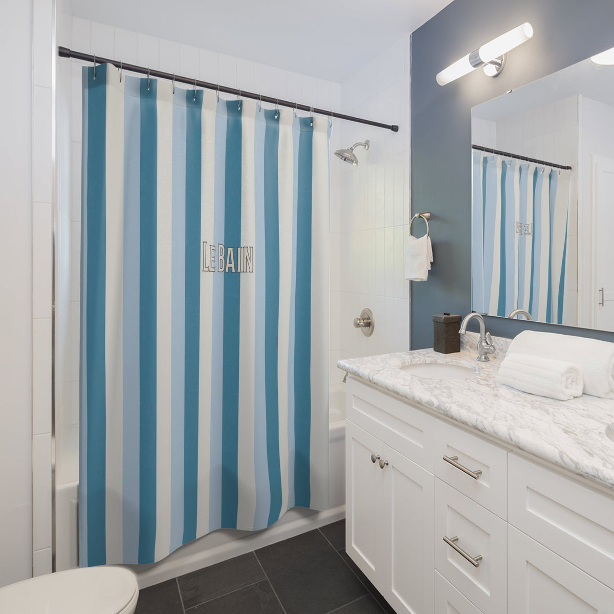 Tri-Color Azure Striped 'Le Bain' Shower Curtain – Modern Coastal Bathroom Decor