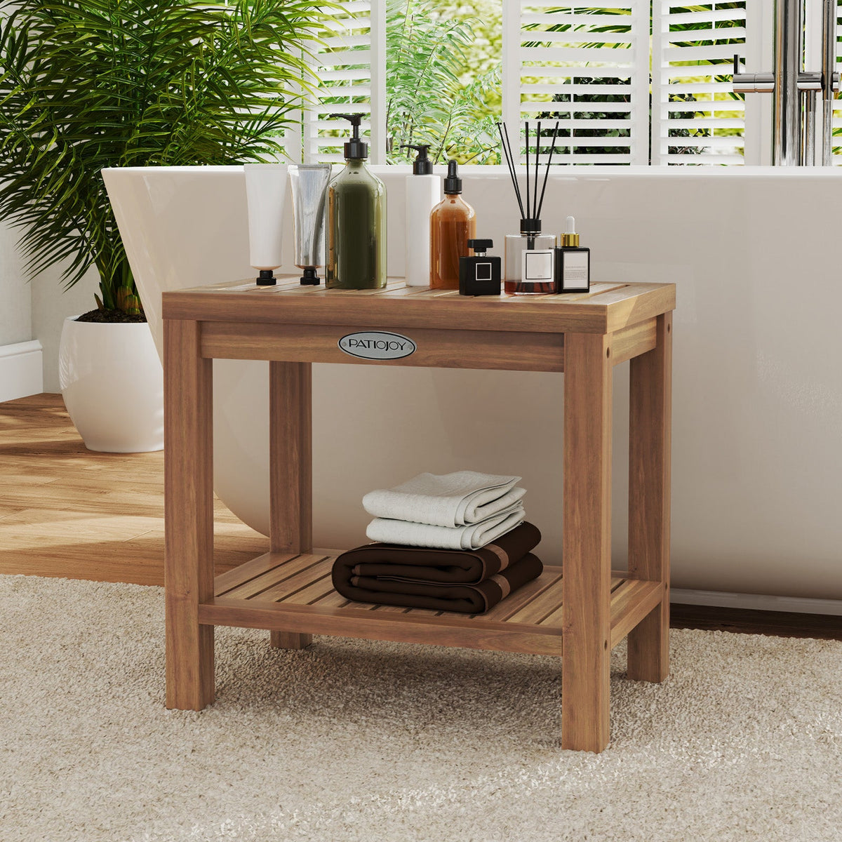 19 Inch Teak Wood Shower Bench Inside Shower Stool with Storage Shelf