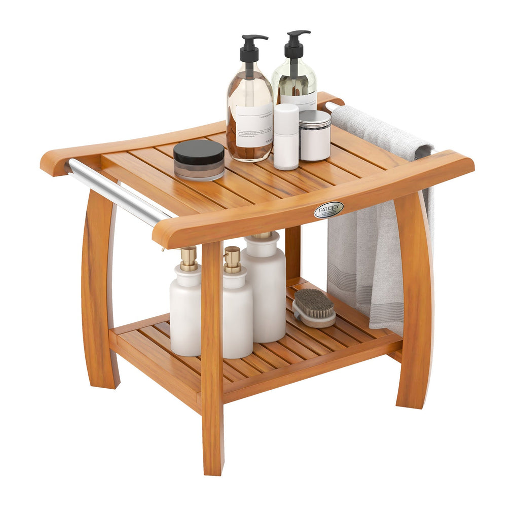 2-Tier Teak Wood Shower Bench Shower Stool with Curved Seat and Handles