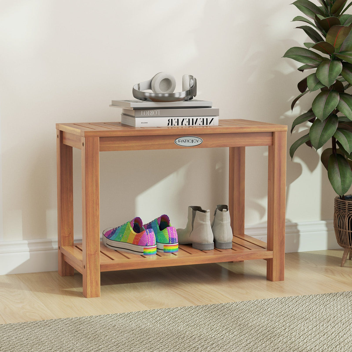 24 Inch Teak Wood Shower Bench Inside Shower Stool with Storage Shelf
