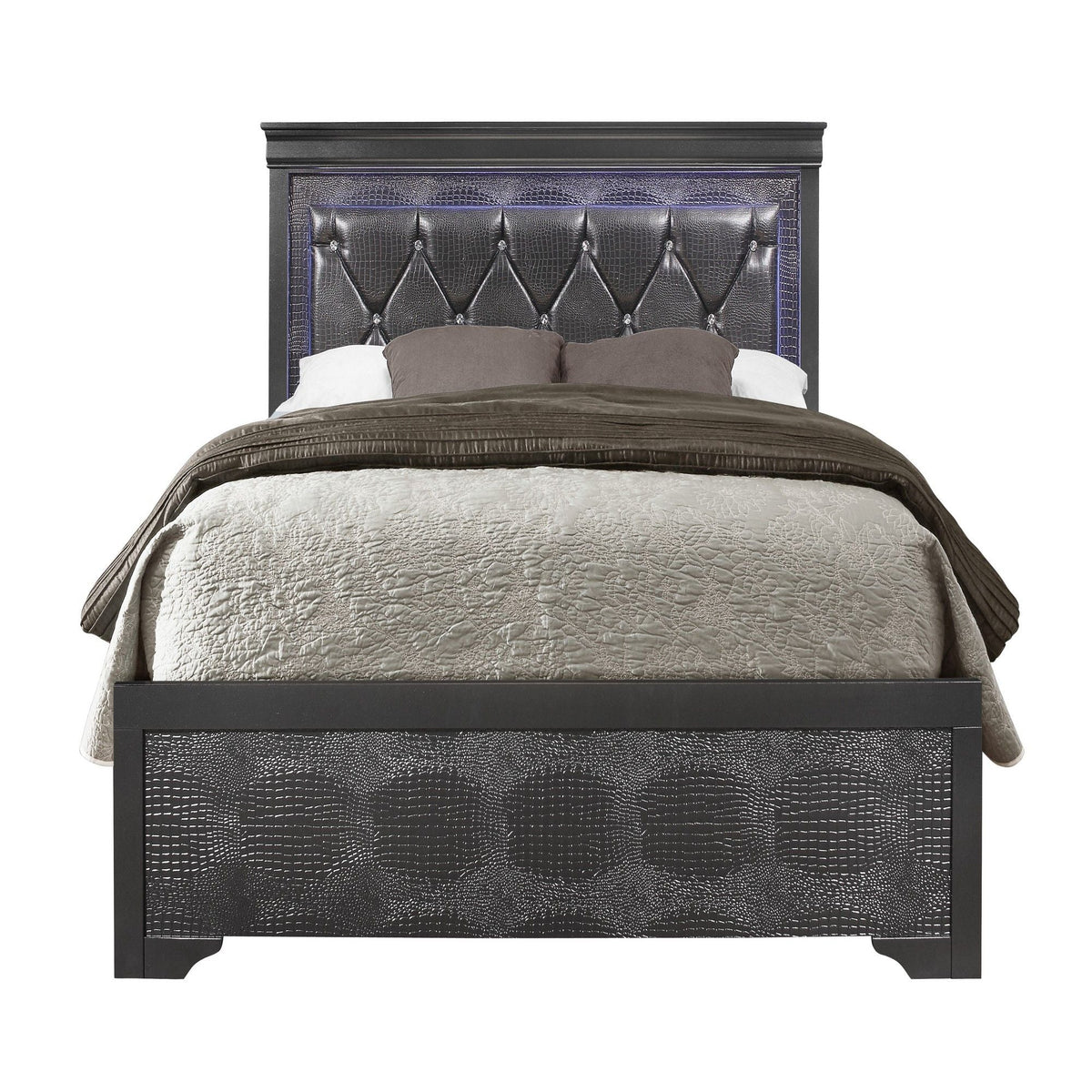 Shaker - 5 Pieces Bedroom Set With Crystal Inspired Tufted Headboard And LED Lighting