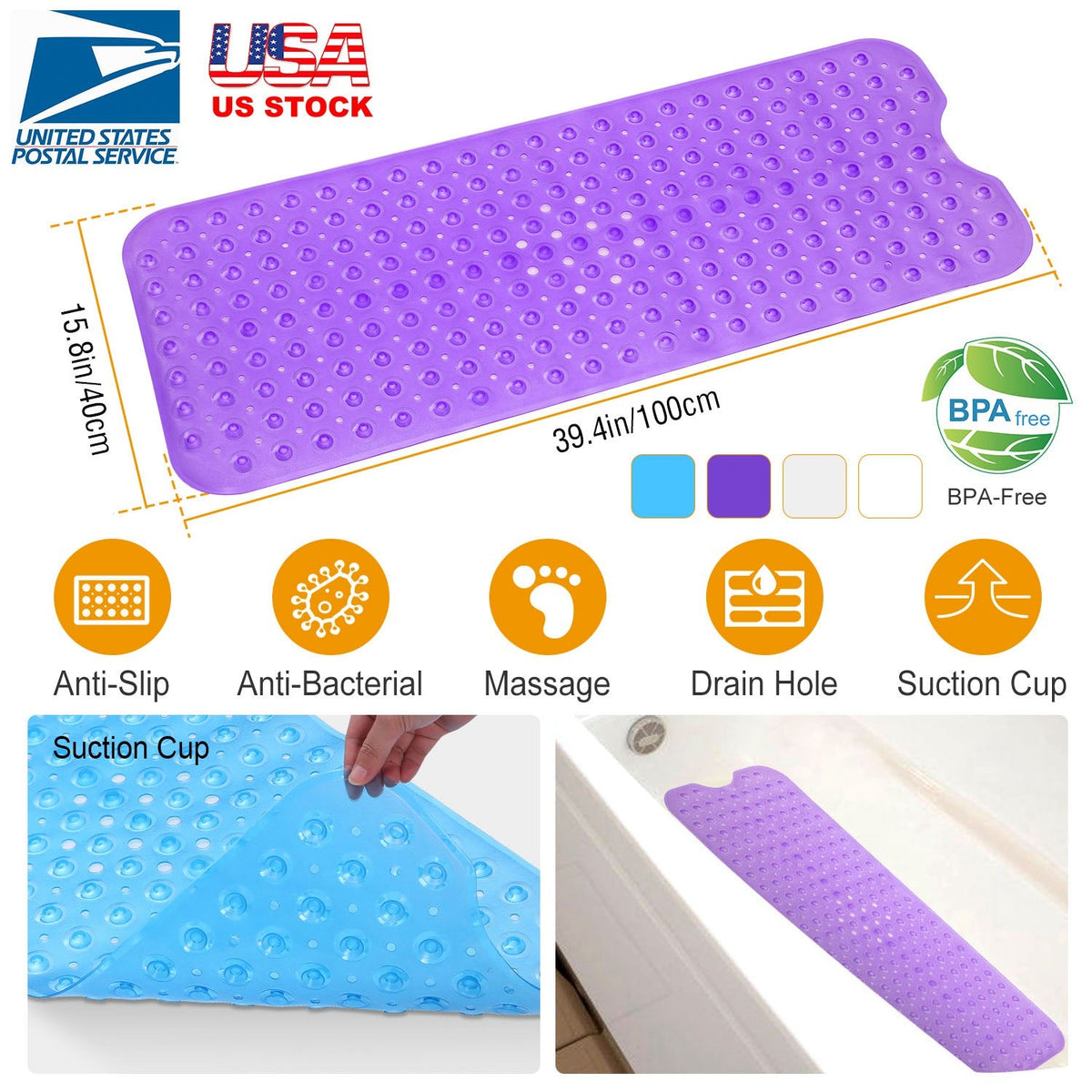 Bath Tub Mat Non-Slip Shower Mat BPA-Free Massage Anti-Bacterial with Suction Cups Washable for Bathroom Kitchen Pool