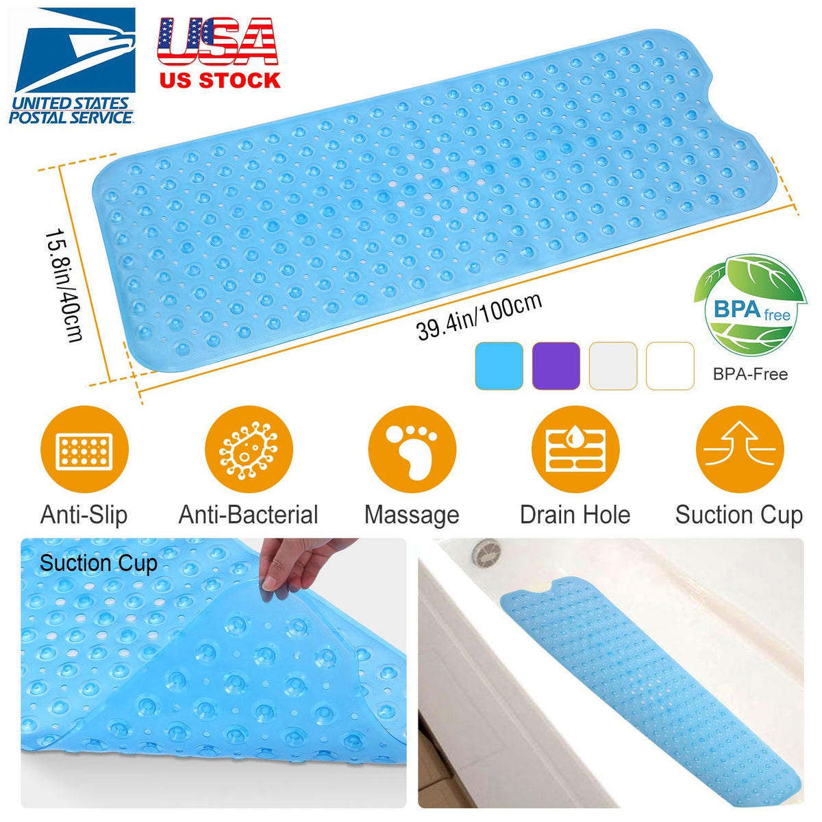 Bath Tub Mat Non-Slip Shower Mat BPA-Free Massage Anti-Bacterial with Suction Cups Washable for Bathroom Kitchen Pool