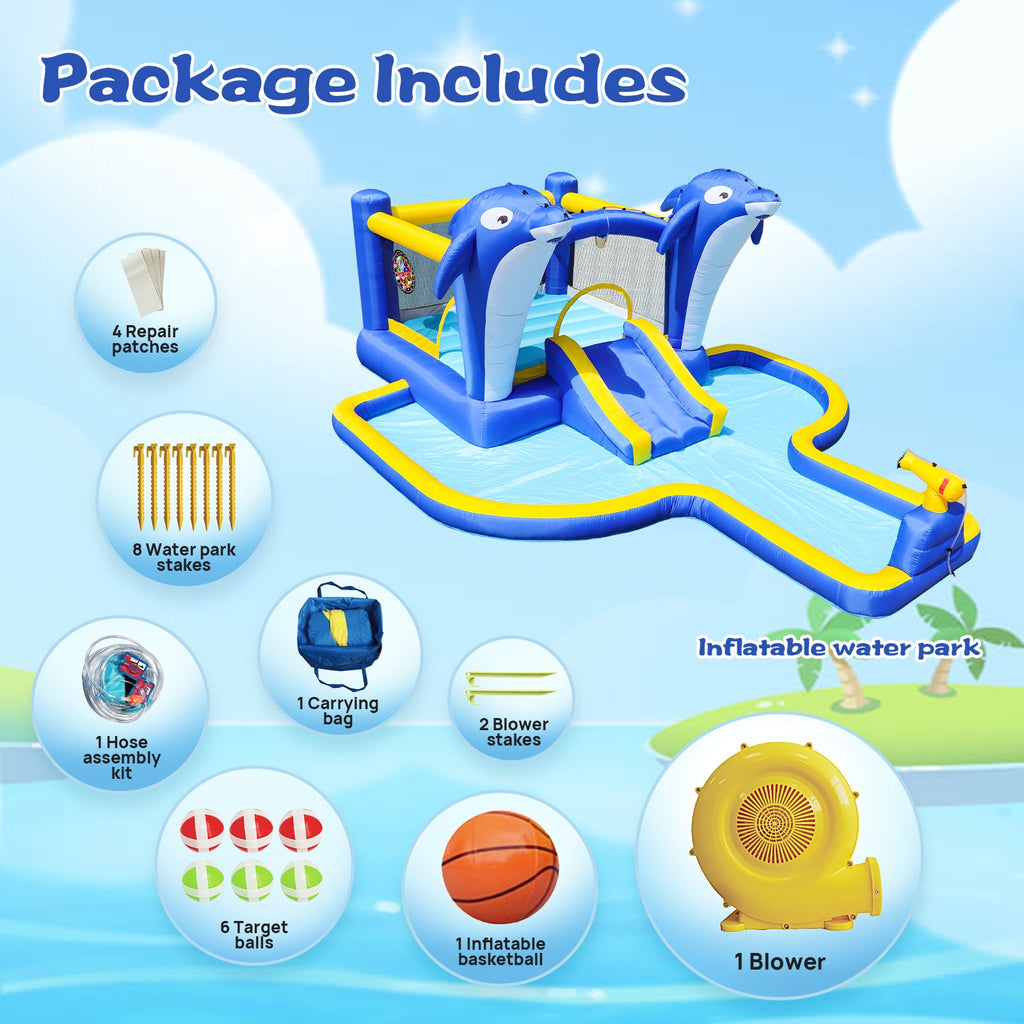 8 in1 Inflatable slide water park trampoline bouncing house outdoor garden with  Dolphin sprinkler & Target games & Water gun & Basketball