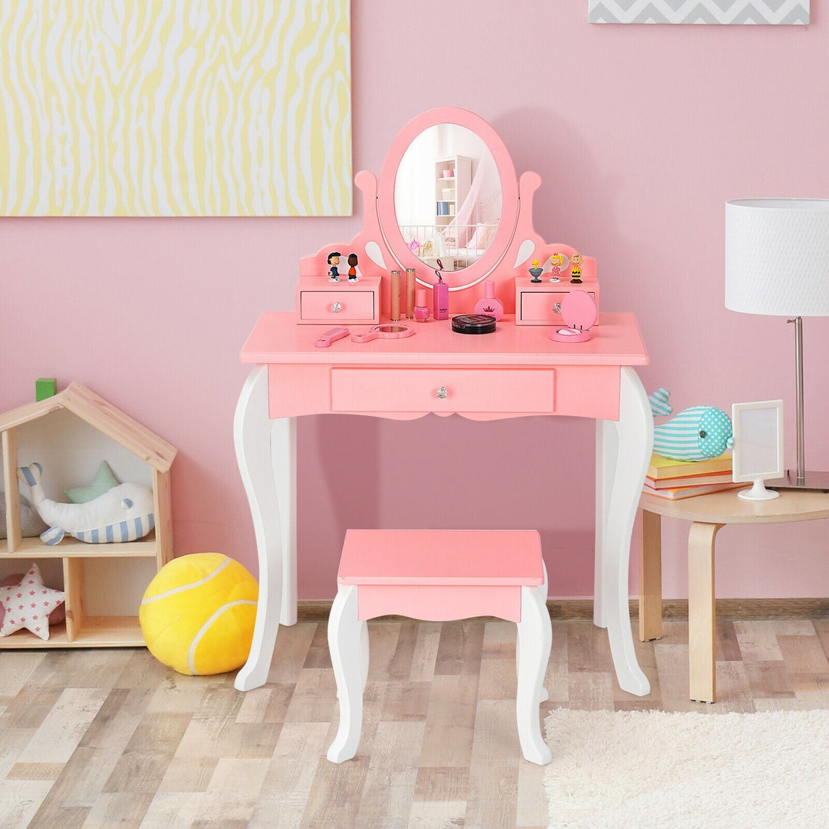 Kids Vanity Princess Makeup Dressing Table Stool Set with Mirror and Drawer-Pink