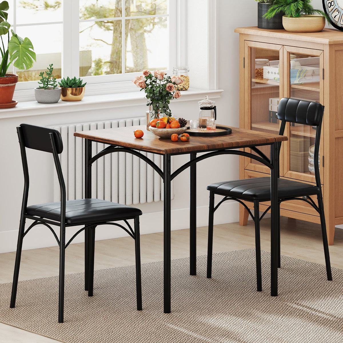 3-Piece Dining Table Set Square Kitchen Table and 2 Chairs for Dining Room-Rustic Brown