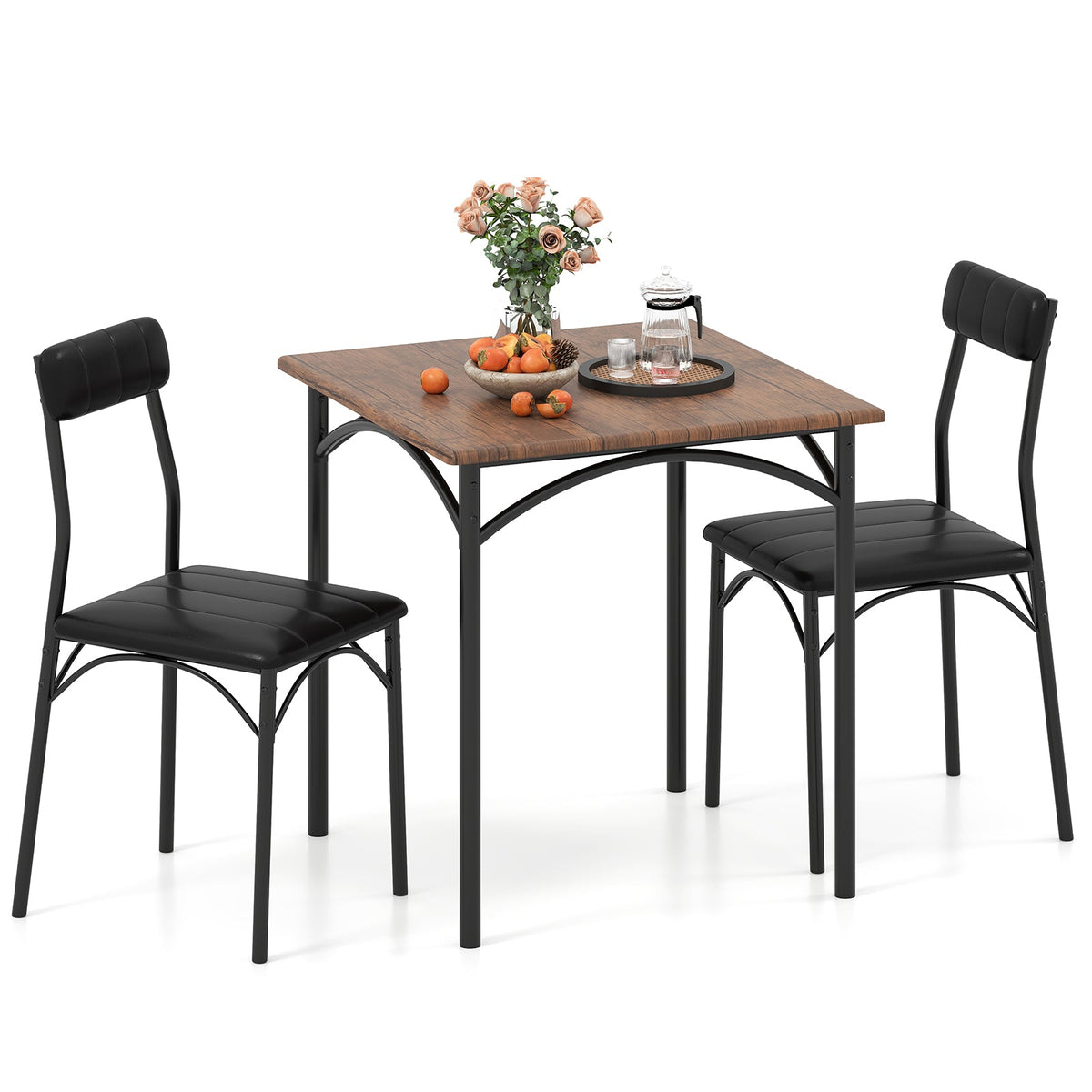 3-Piece Dining Table Set Square Kitchen Table and 2 Chairs for Dining Room-Rustic Brown