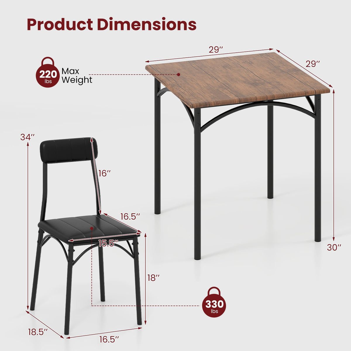 3-Piece Dining Table Set Square Kitchen Table and 2 Chairs for Dining Room-Rustic Brown