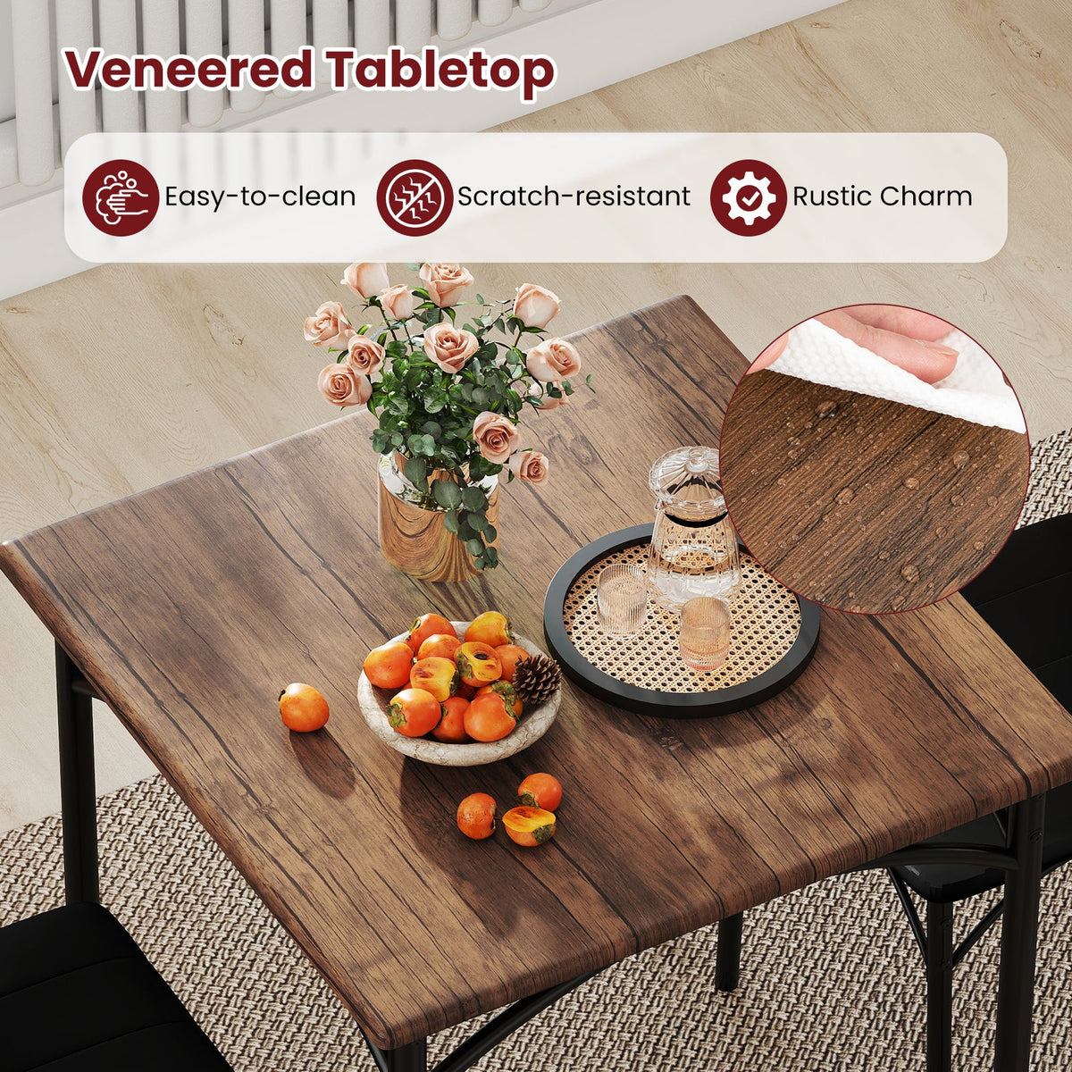 3-Piece Dining Table Set Square Kitchen Table and 2 Chairs for Dining Room-Rustic Brown