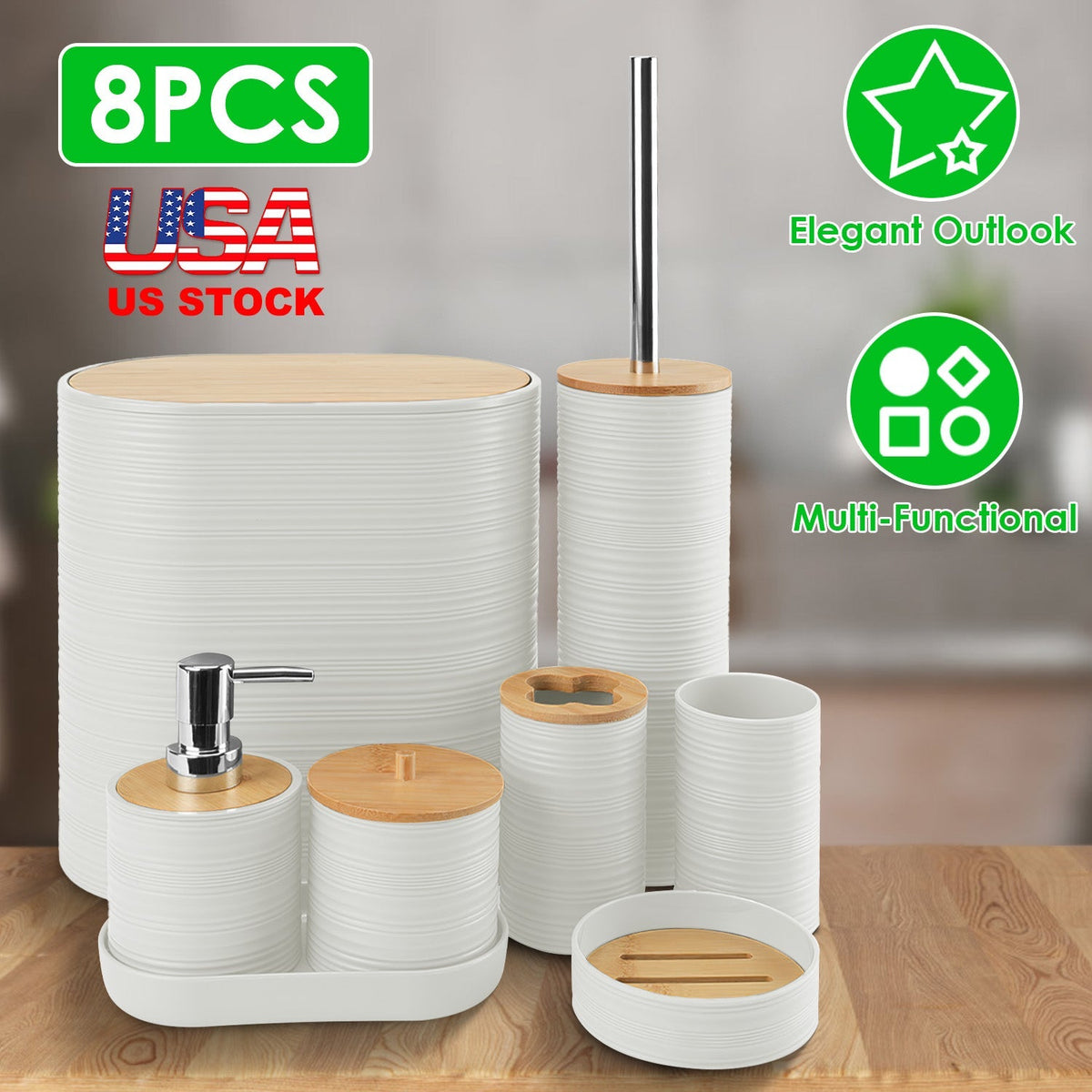 8Pcs Bathroom Accessories Set Bathroom Holder Set with Soap Dispenser Toothbrush Holder Cup Soap Dish Toilet Cleaning Brush Trash Can Qtip Holder Vani