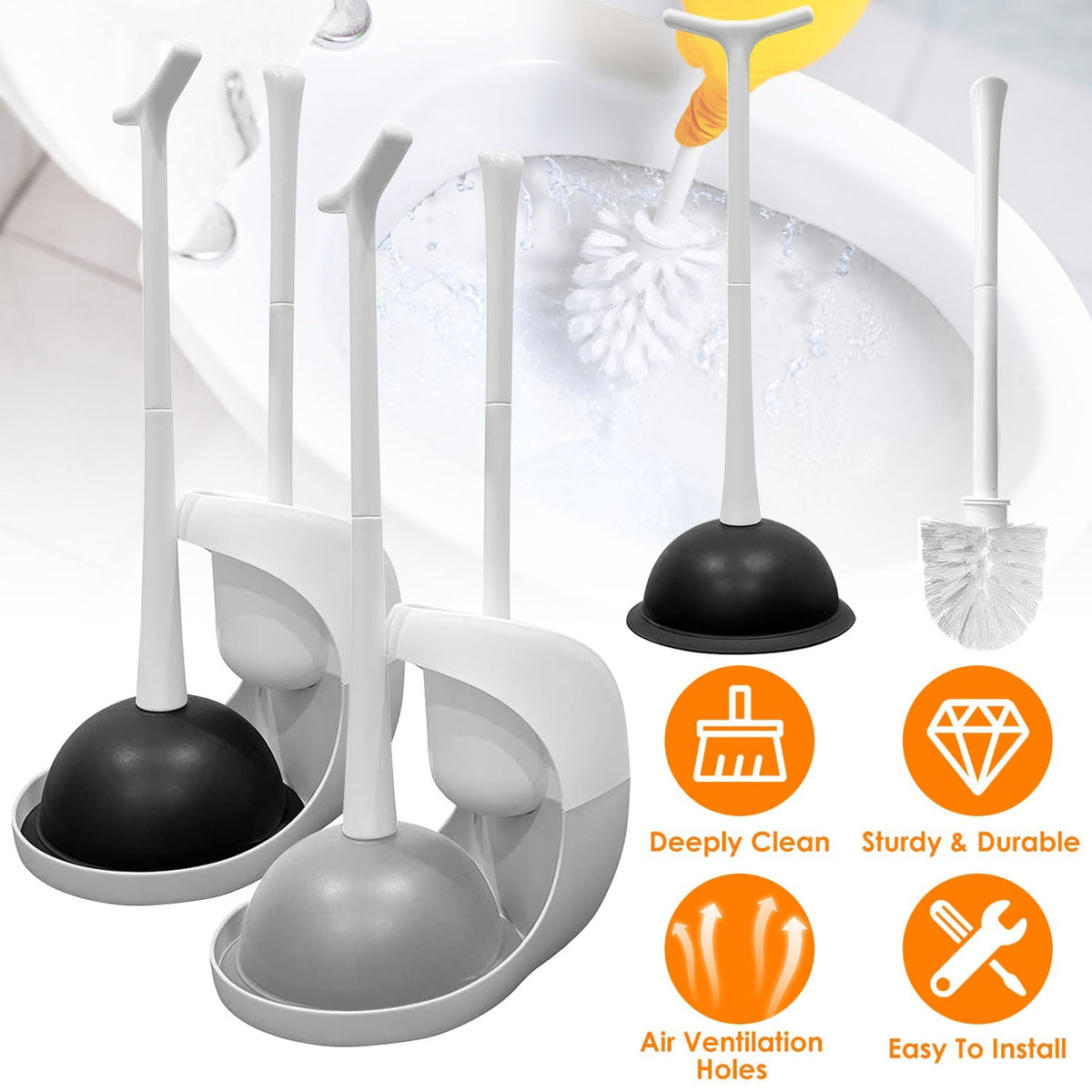Toilet Plunger and Brush Combo Set with Ventilated Holder 2 in 1 Toilet Cleaning Tools Set with Caddy Stand for Bathroom