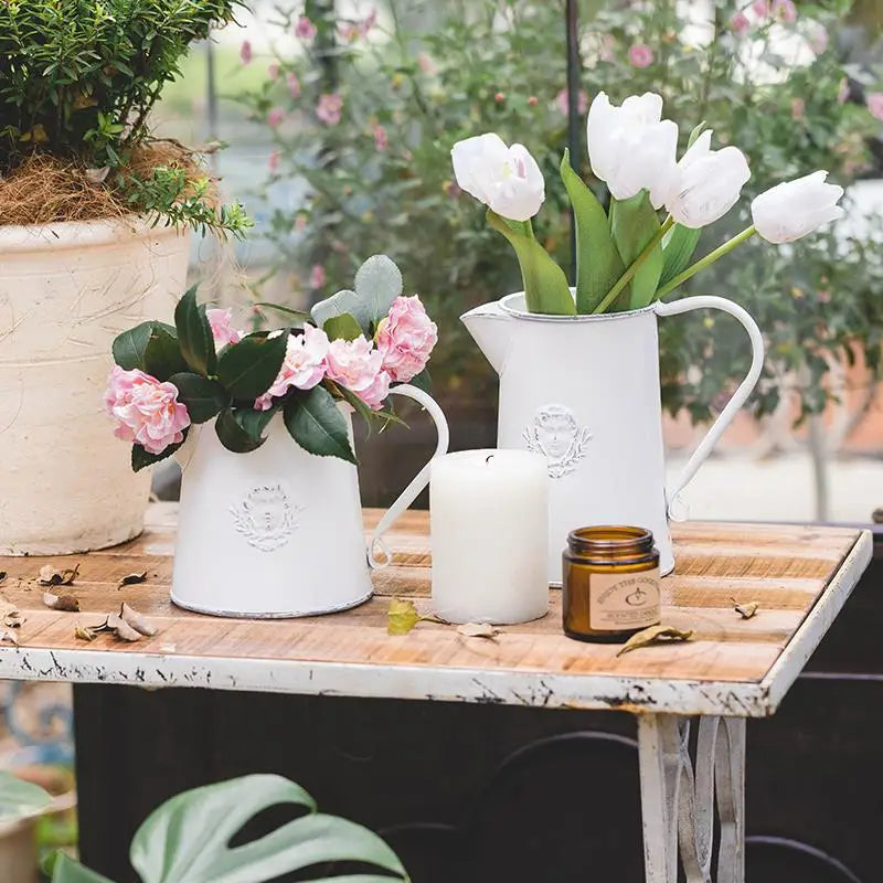 Vintage Style Rustic White Metal Flower Pitcher Vase