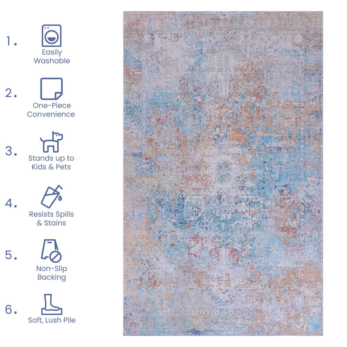 Unique Washable Area Rug with Low Pile - Multiple Colors