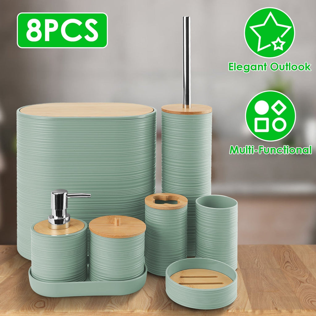 8Pcs Bathroom Accessories Set Bathroom Holder Set with Soap Dispenser Toothbrush Holder Cup Soap Dish Toilet Cleaning Brush Trash Can Qtip Holder Vani