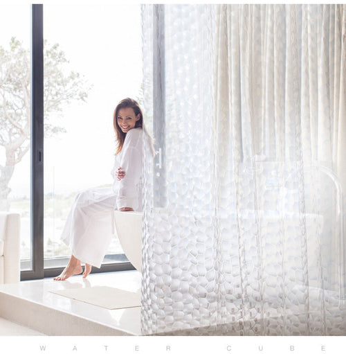 3D Water Cube Shower Curtain, Silk Pattern Waterproof Bathroom Partition Curtain, Cobblestone Curtain