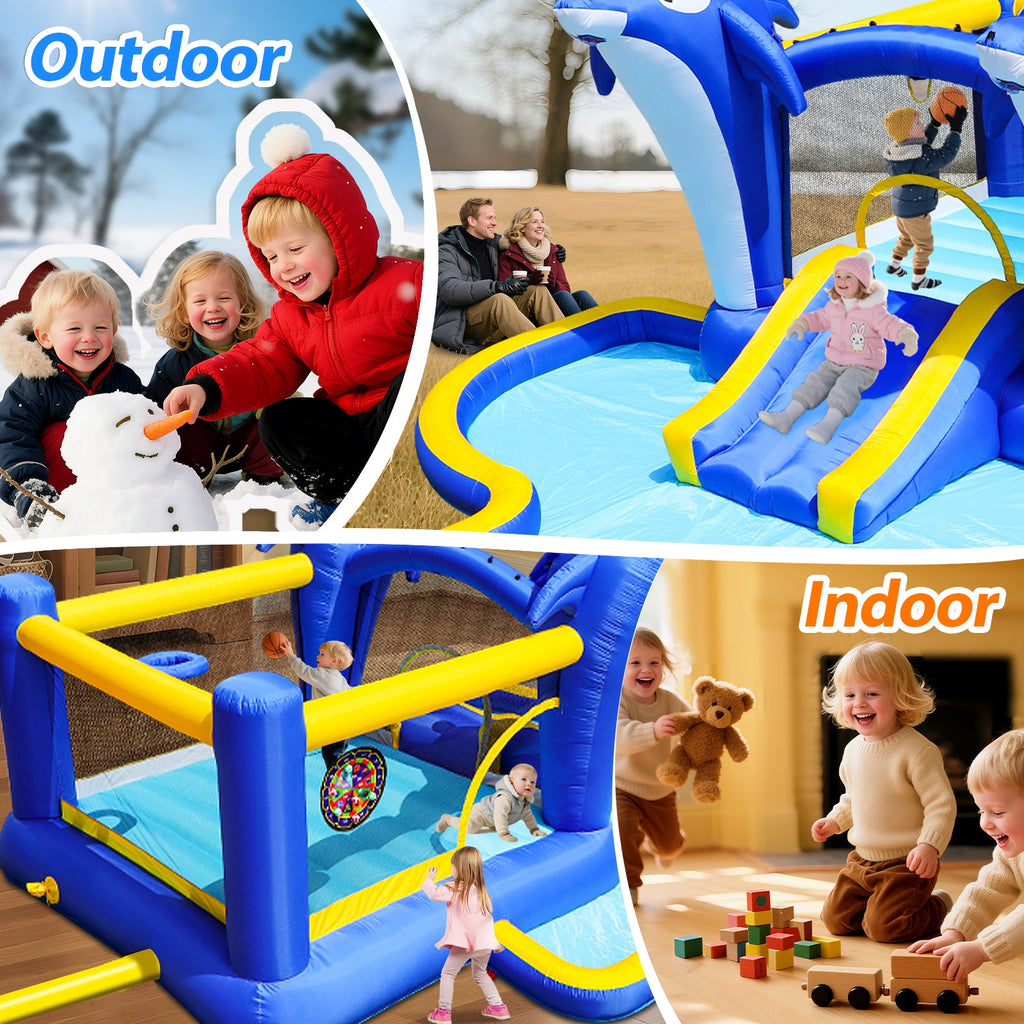 8 in1 Inflatable slide water park trampoline bouncing house outdoor garden with  Dolphin sprinkler & Target games & Water gun & Basketball