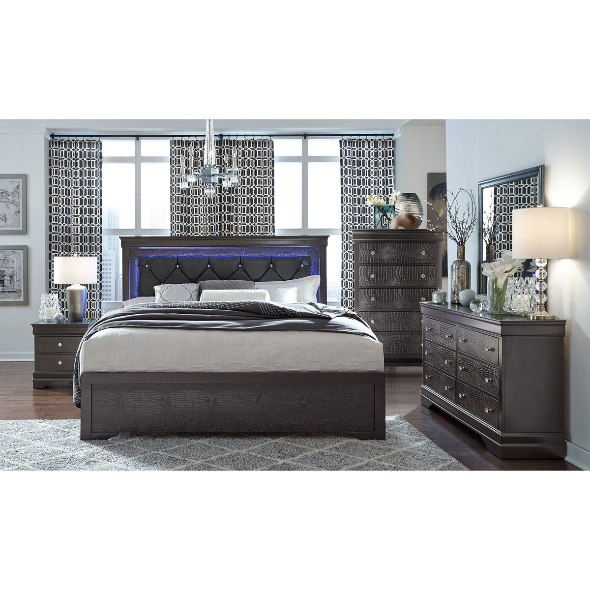 Shaker - 5 Pieces Bedroom Set With Crystal Inspired Tufted Headboard And LED Lighting