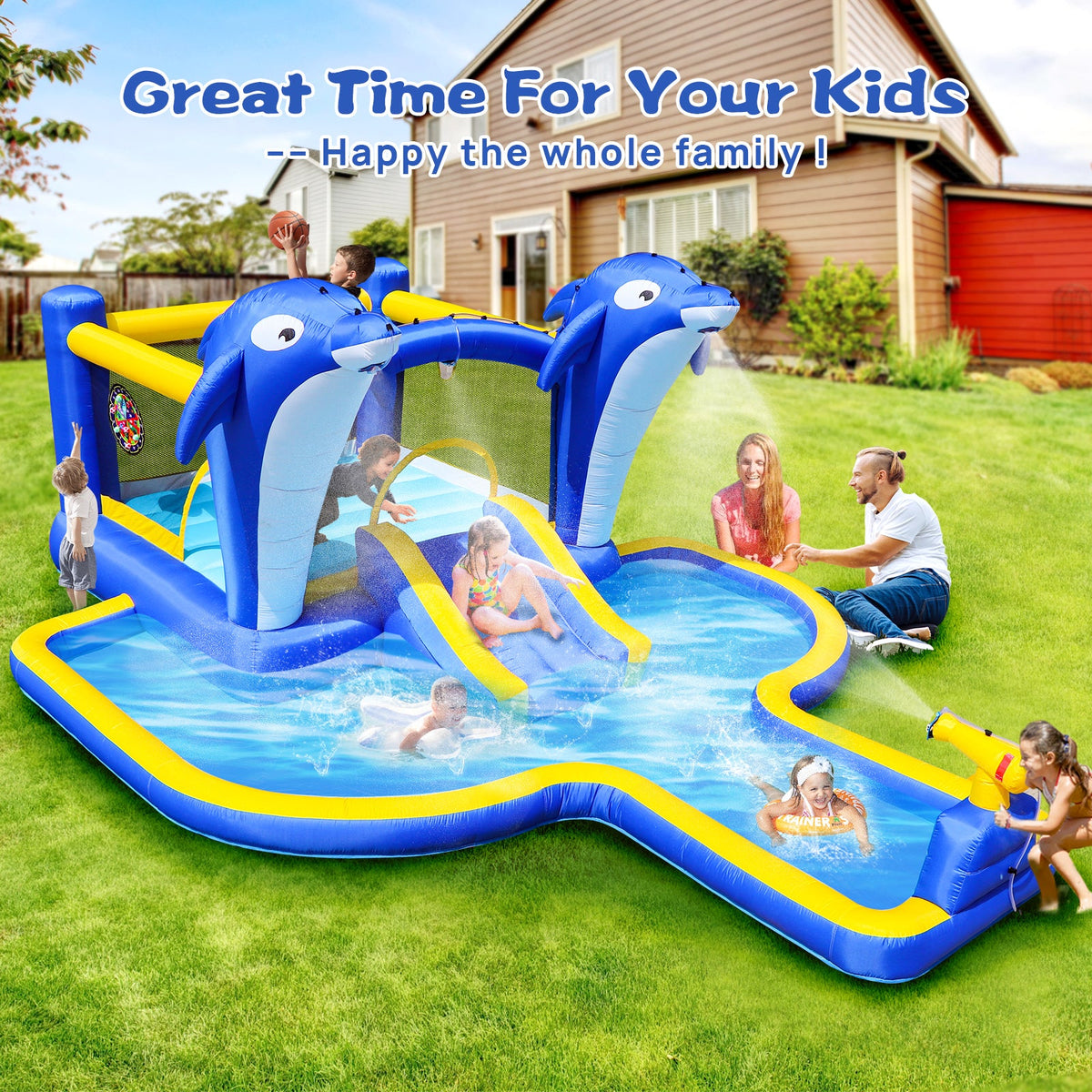 8 in1 Inflatable slide water park trampoline bouncing house outdoor garden with  Dolphin sprinkler & Target games & Water gun & Basketball