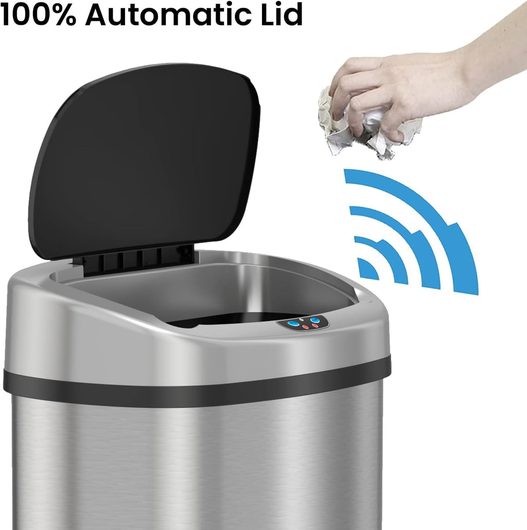 SensorCan 13 Gallon Sensor Trash Can with Wheels and AbsorbX Odor Control System, Stainless Steel, Oval Shape Automatic Kitchen and Office Garbage Bin (Powered by Battery or Optional AC Adapter)