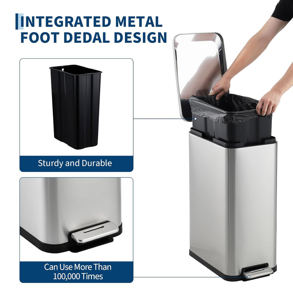 Garvee 13 gal Kitchen Trash Can, Stainless Steel Step Garbage Bin with Soft-Close Lid & Removable Bucket, Fingerprint Proof, Slim for Narrow Spaces, Bathroom or Office