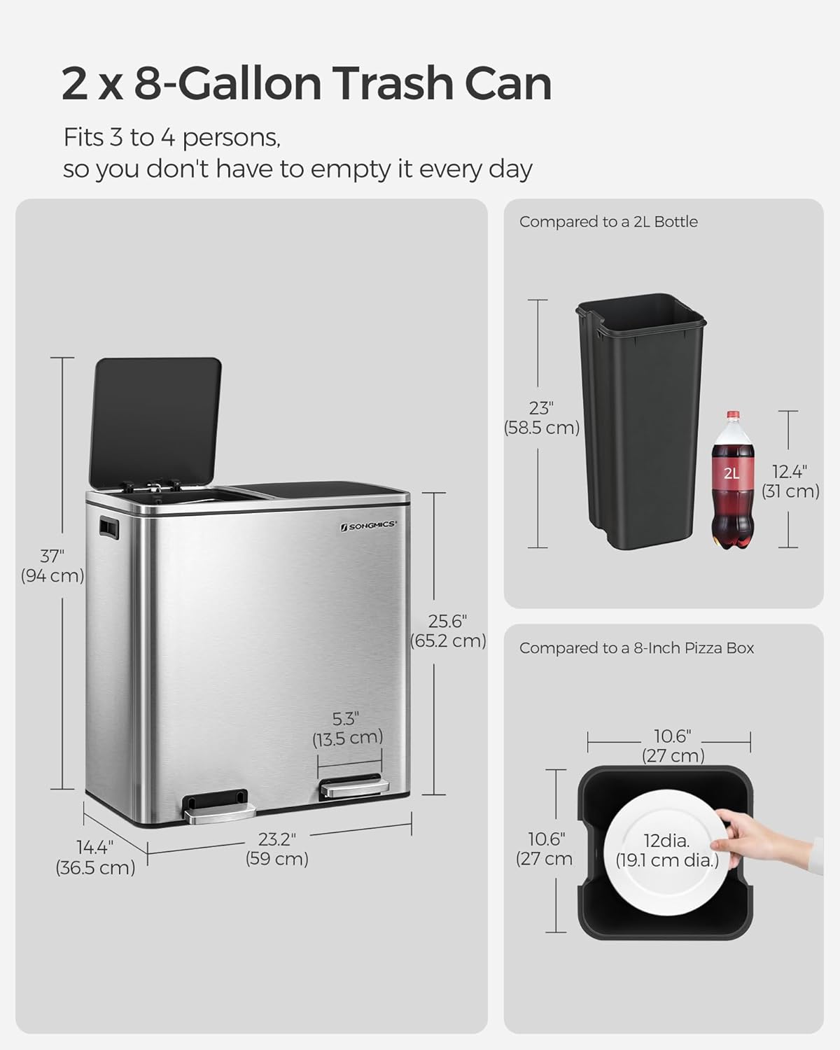 SONGMICS Trash Can, 2 x 8 Gallon (2 x 30 L) Garbage Can for Kitchen, with 15 Trash Bags, 2 Compartments, Plastic Inner Buckets and Hinged Lids, Airtight, Silver and Black ULTB60NL
