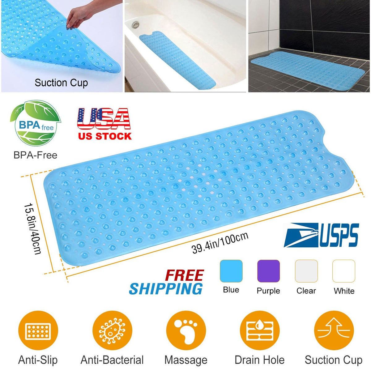 Bath Tub Mat Non-Slip Shower Mat BPA-Free Massage Anti-Bacterial with Suction Cups Washable for Bathroom Kitchen Pool