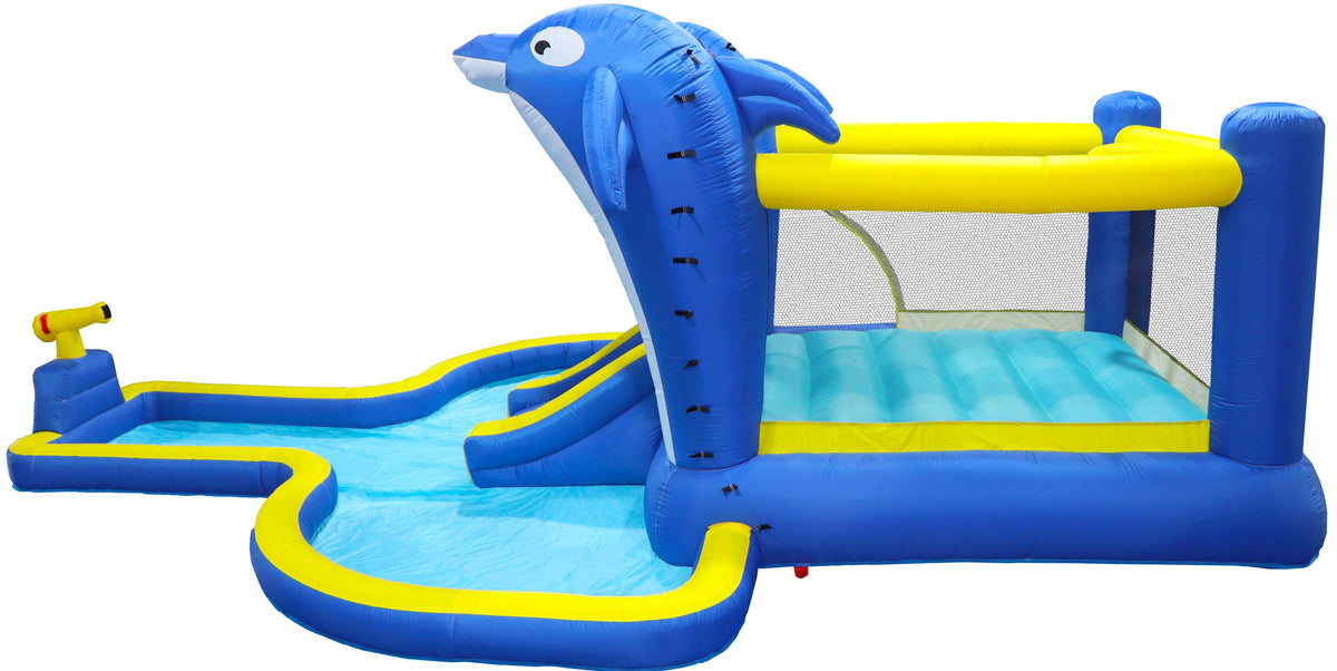 8 in1 Inflatable slide water park trampoline bouncing house outdoor garden with  Dolphin sprinkler & Target games & Water gun & Basketball