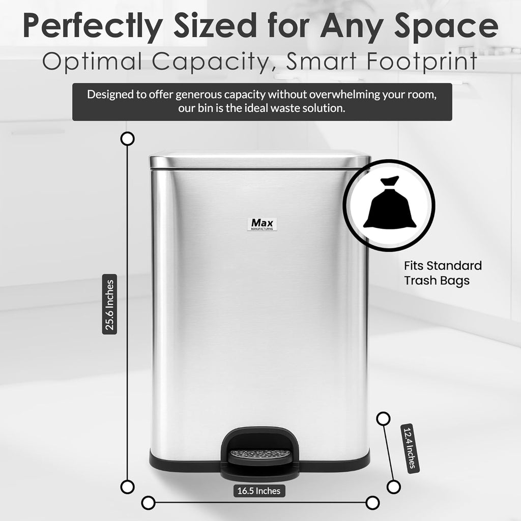 13 Gallon/50 L Trash Can with Lid - Rectangular Smudge-Resistant Kitchen Trash Can With Soft-Close Foot Pedal - Stainless Steel Garbage Can for Kitchen, Bathroom, or Office - Indoor and Outdoor Use