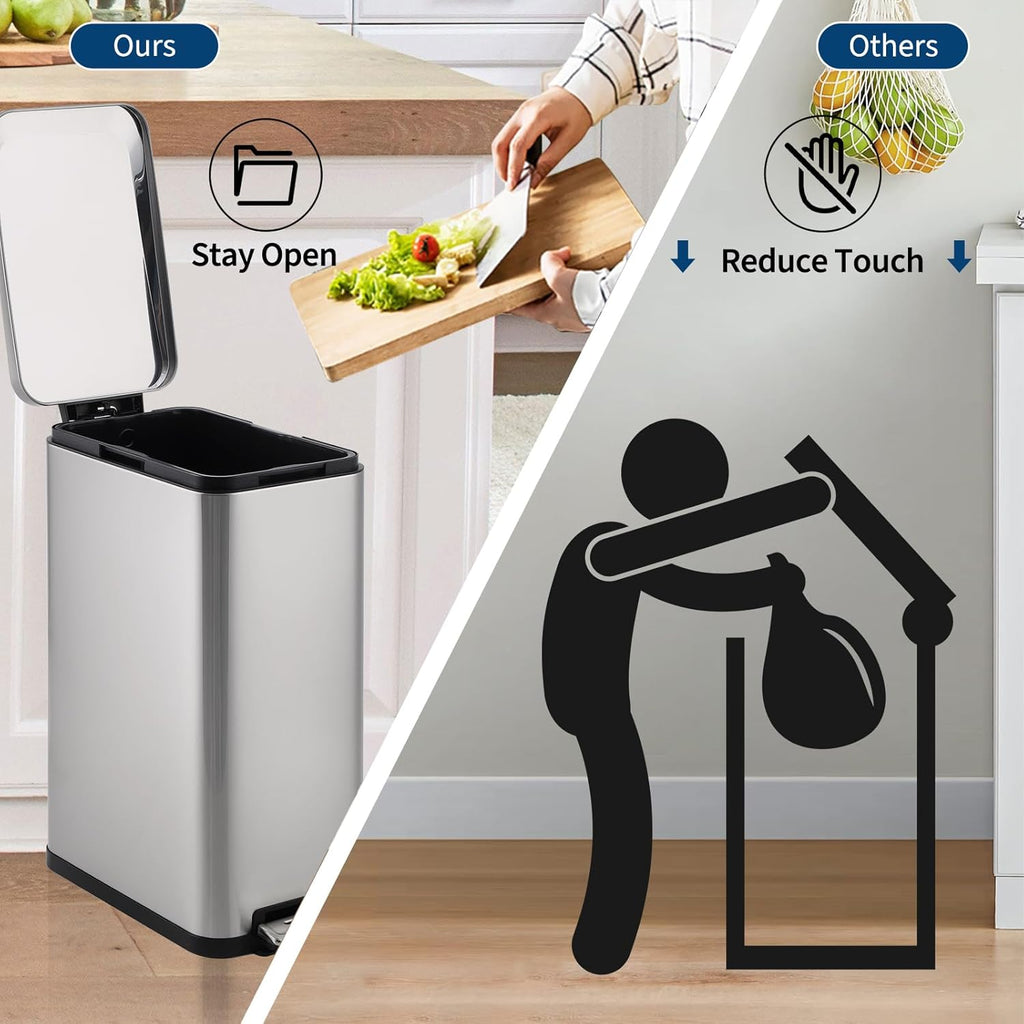 Garvee 13 gal Kitchen Trash Can, Stainless Steel Step Garbage Bin with Soft-Close Lid & Removable Bucket, Fingerprint Proof, Slim for Narrow Spaces, Bathroom or Office
