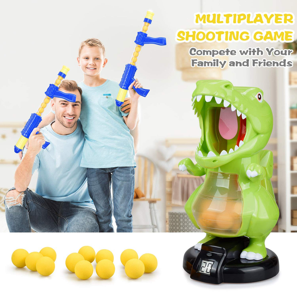 Dino Blast LCD Target Challenge for Kids Air Pump Shooting Game with 24 Foam Balls Ages 6+