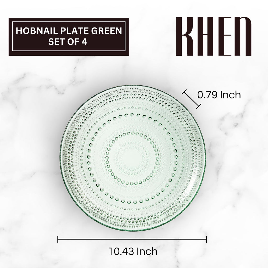 Glass Hobnail Dinner or Charger Plates | Set of 4 | Green
