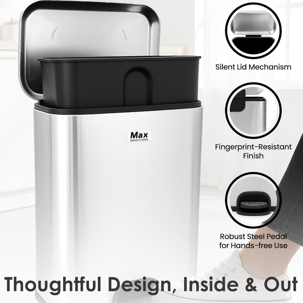 13 Gallon/50 L Trash Can with Lid - Rectangular Smudge-Resistant Kitchen Trash Can With Soft-Close Foot Pedal - Stainless Steel Garbage Can for Kitchen, Bathroom, or Office - Indoor and Outdoor Use
