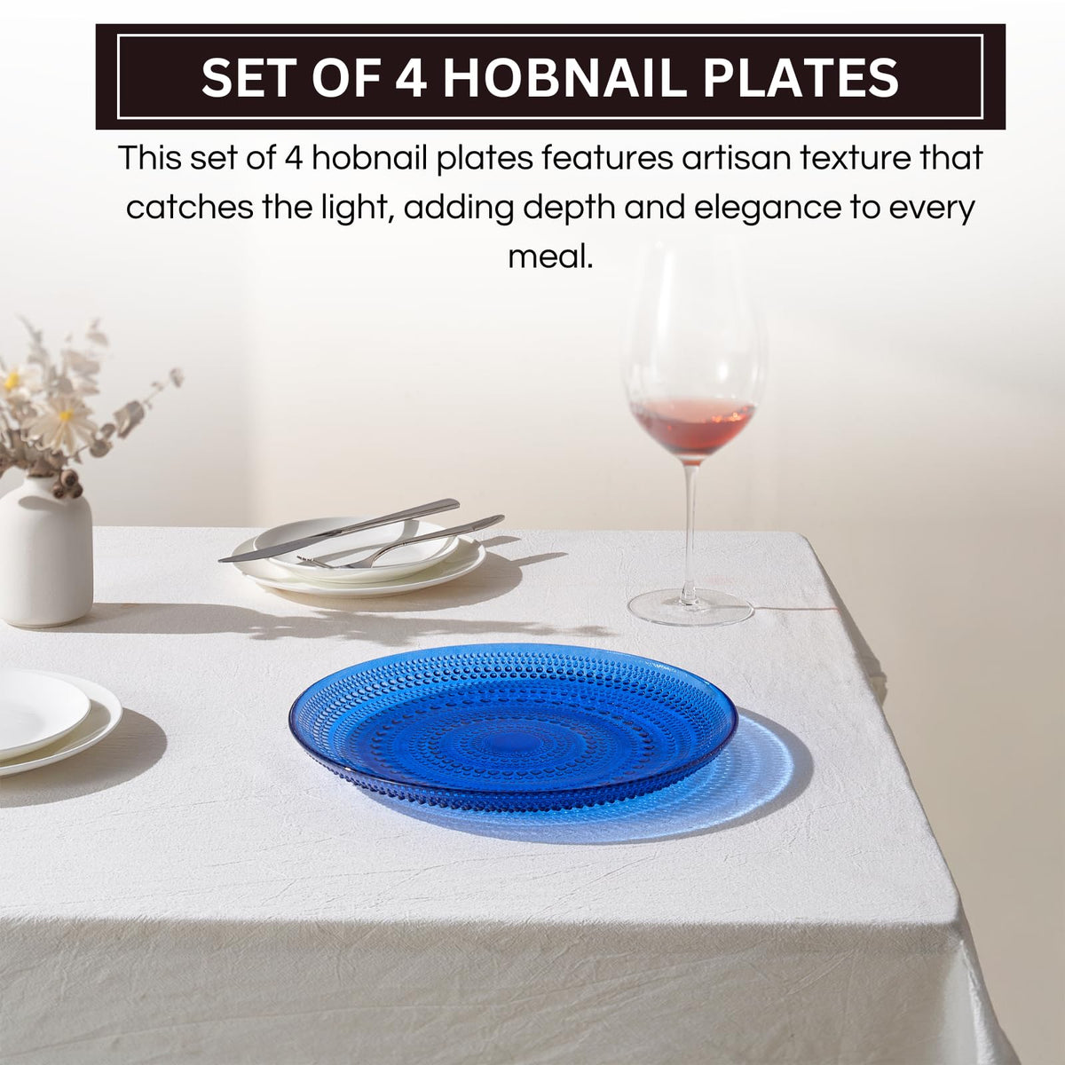 Glass Hobnail Dinner or Charger Plates | Set of 4 | Dark Blue