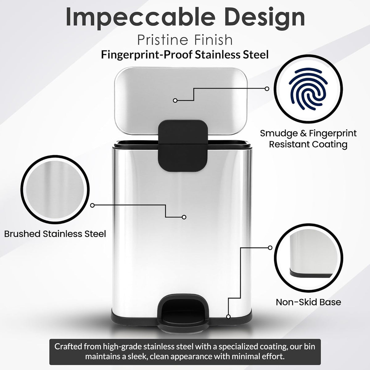 13 Gallon/50 L Trash Can with Lid - Rectangular Smudge-Resistant Kitchen Trash Can With Soft-Close Foot Pedal - Stainless Steel Garbage Can for Kitchen, Bathroom, or Office - Indoor and Outdoor Use