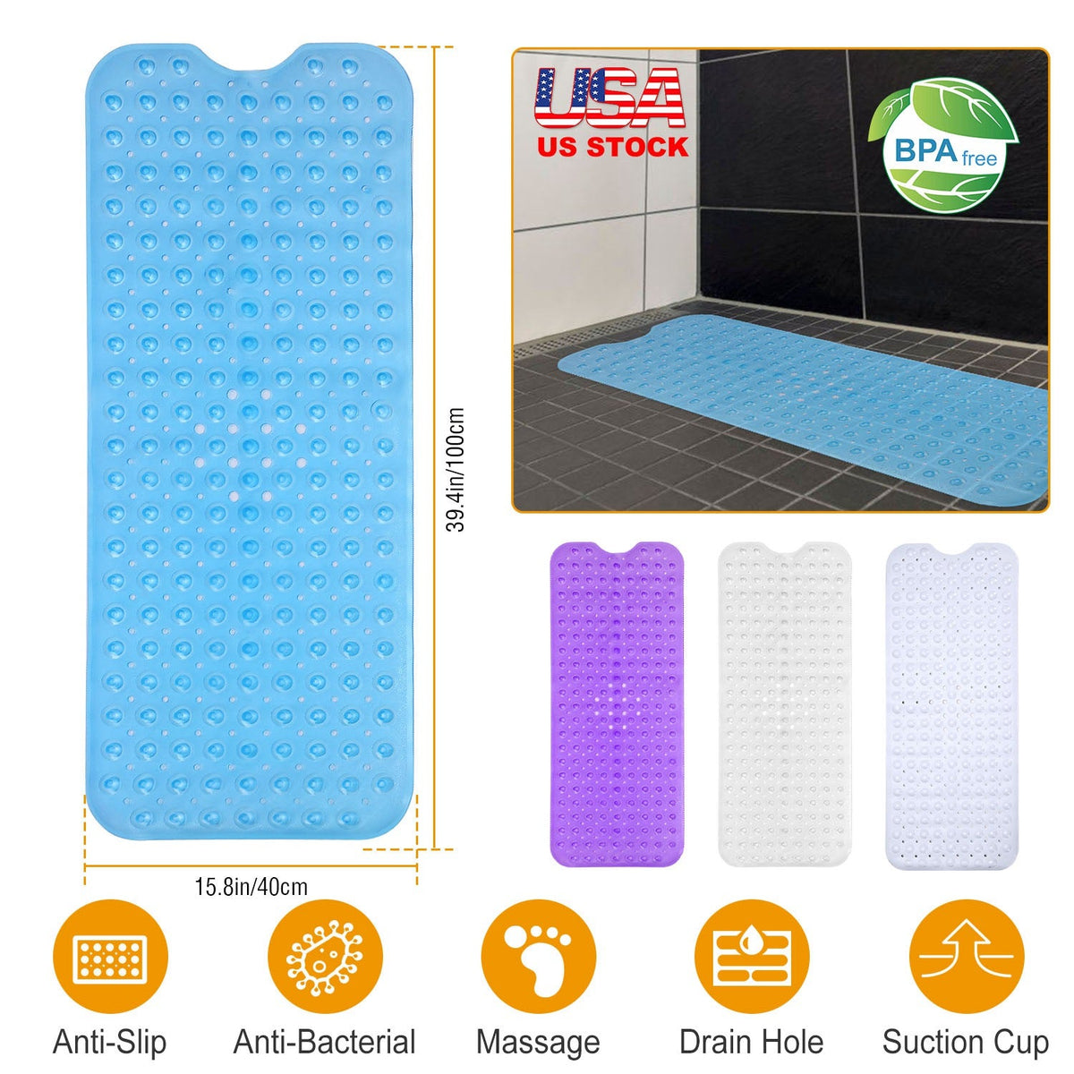 Bath Tub Mat Non-Slip Shower Mat BPA-Free Massage Anti-Bacterial with Suction Cups Washable for Bathroom Kitchen Pool