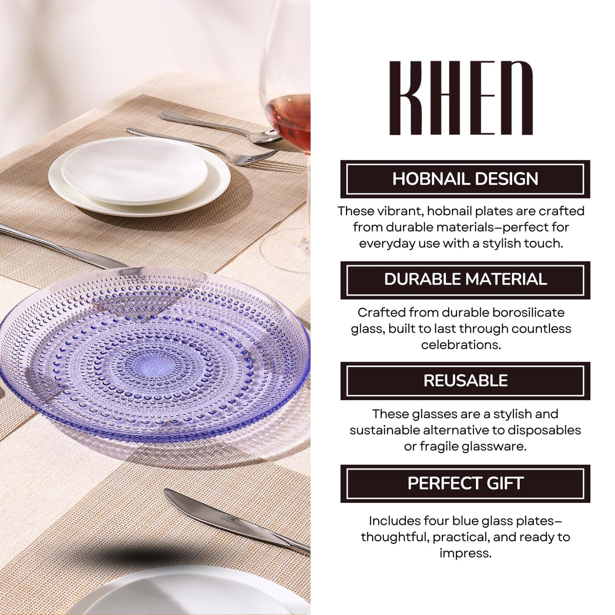 Glass Hobnail Dinner or Charger Plates | Set of 4 | Blue