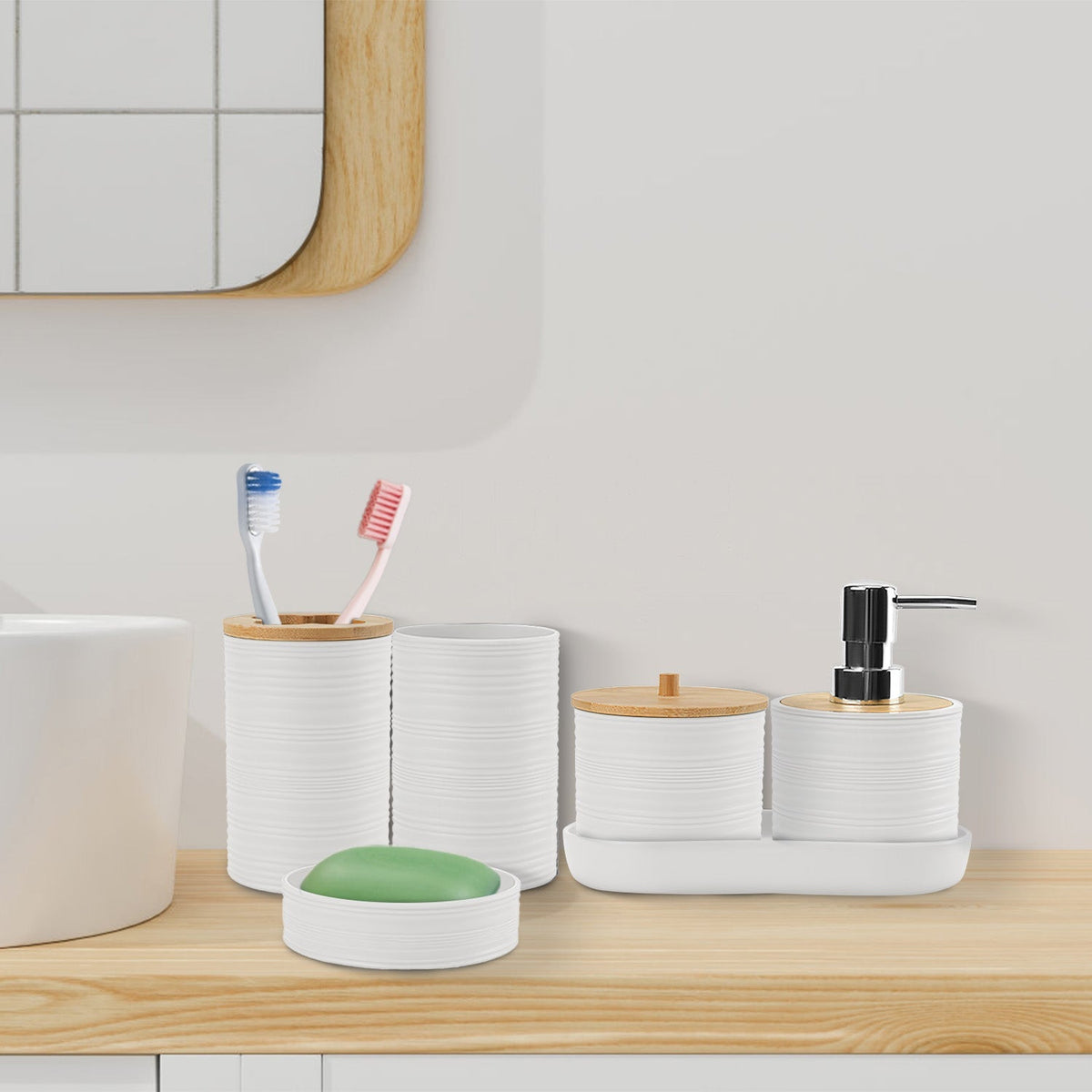 8Pcs Bathroom Accessories Set Bathroom Holder Set with Soap Dispenser Toothbrush Holder Cup Soap Dish Toilet Cleaning Brush Trash Can Qtip Holder Vani