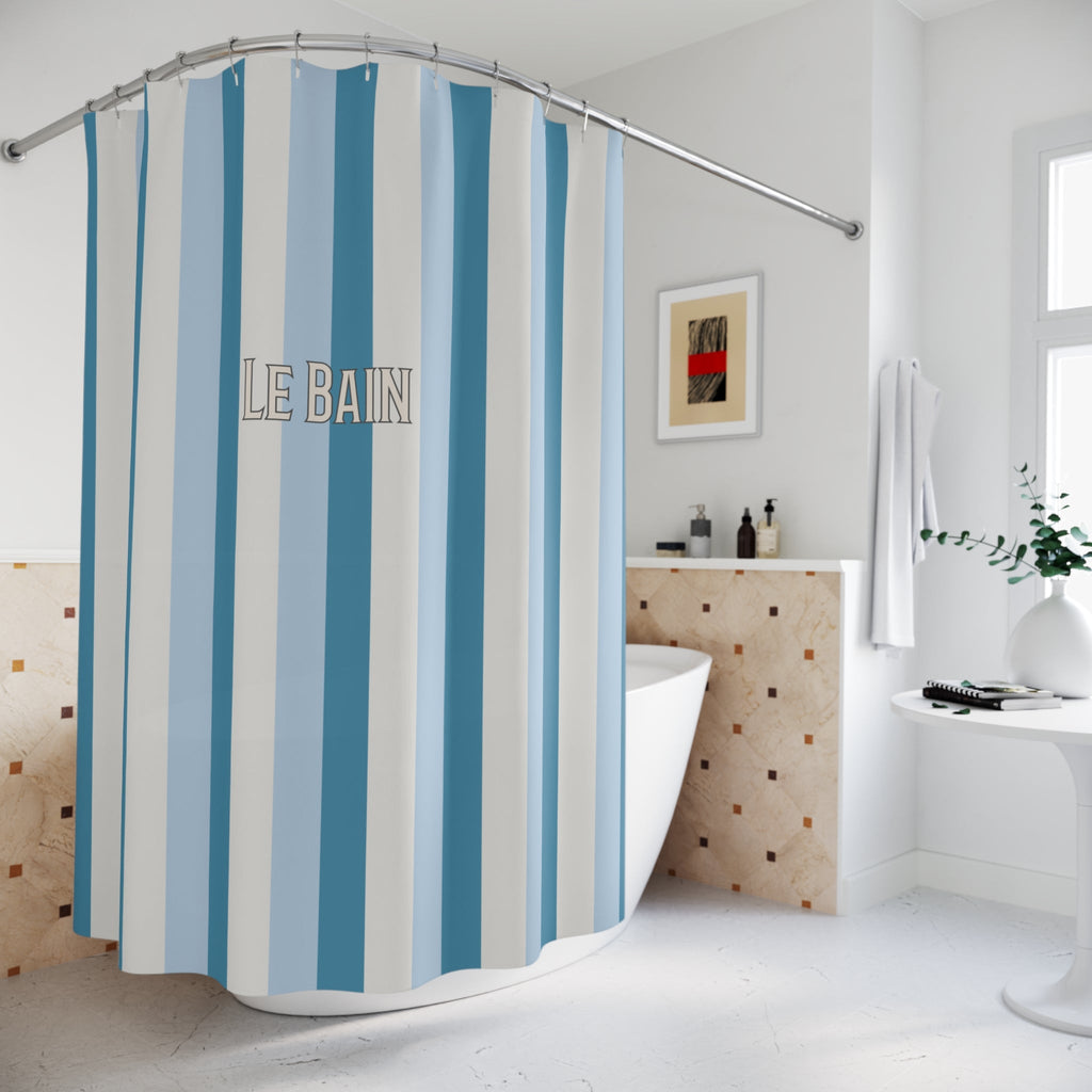 Tri-Color Azure Striped 'Le Bain' Shower Curtain – Modern Coastal Bathroom Decor