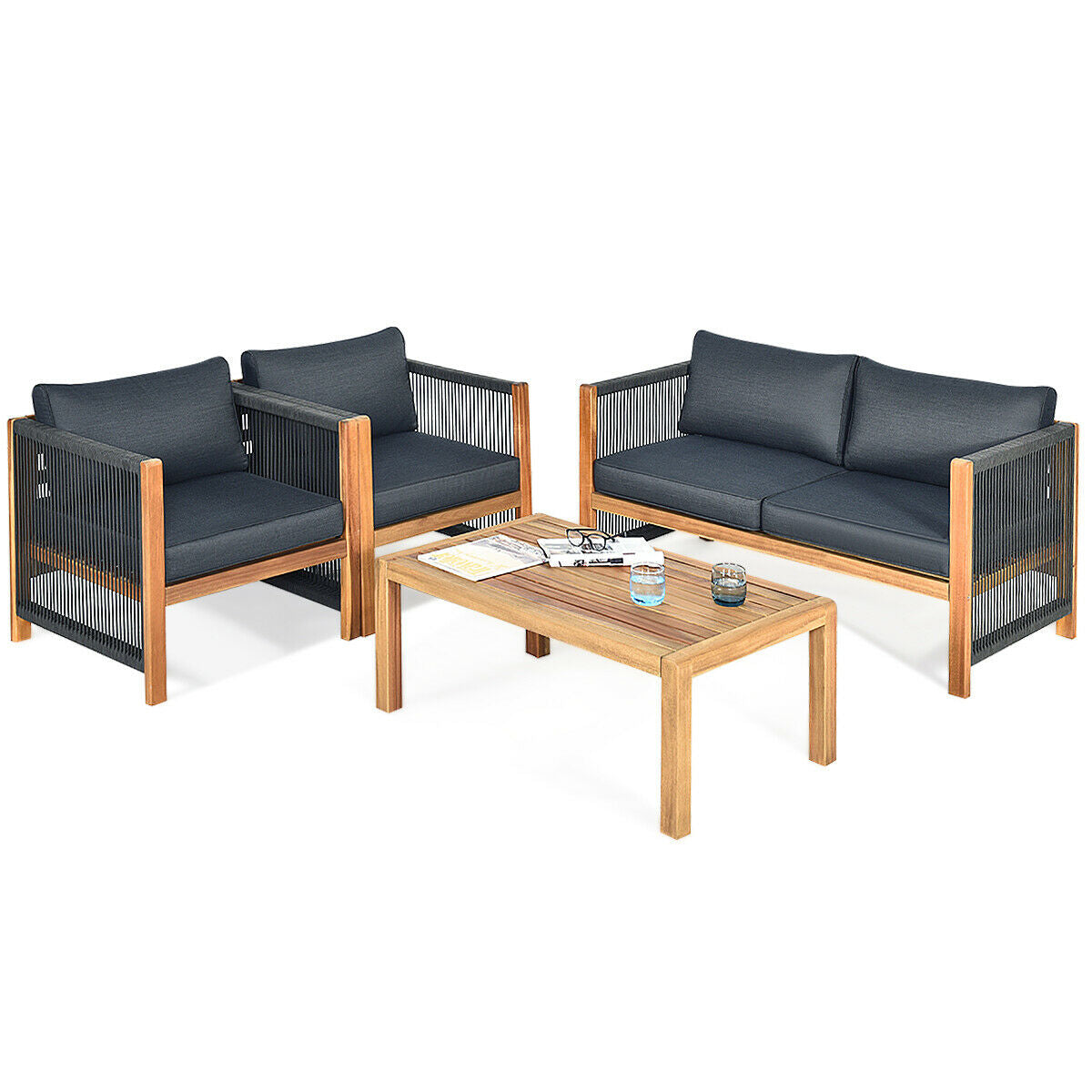 4 Pieces Acacia Wood Outdoor Patio Furniture Set with Cushions