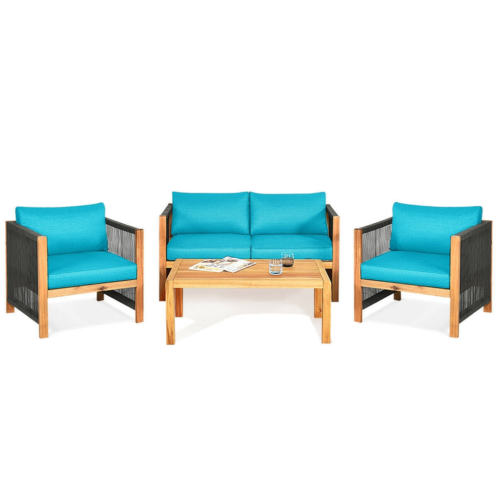 4 Pieces Acacia Wood Outdoor Patio Furniture Set with Cushions