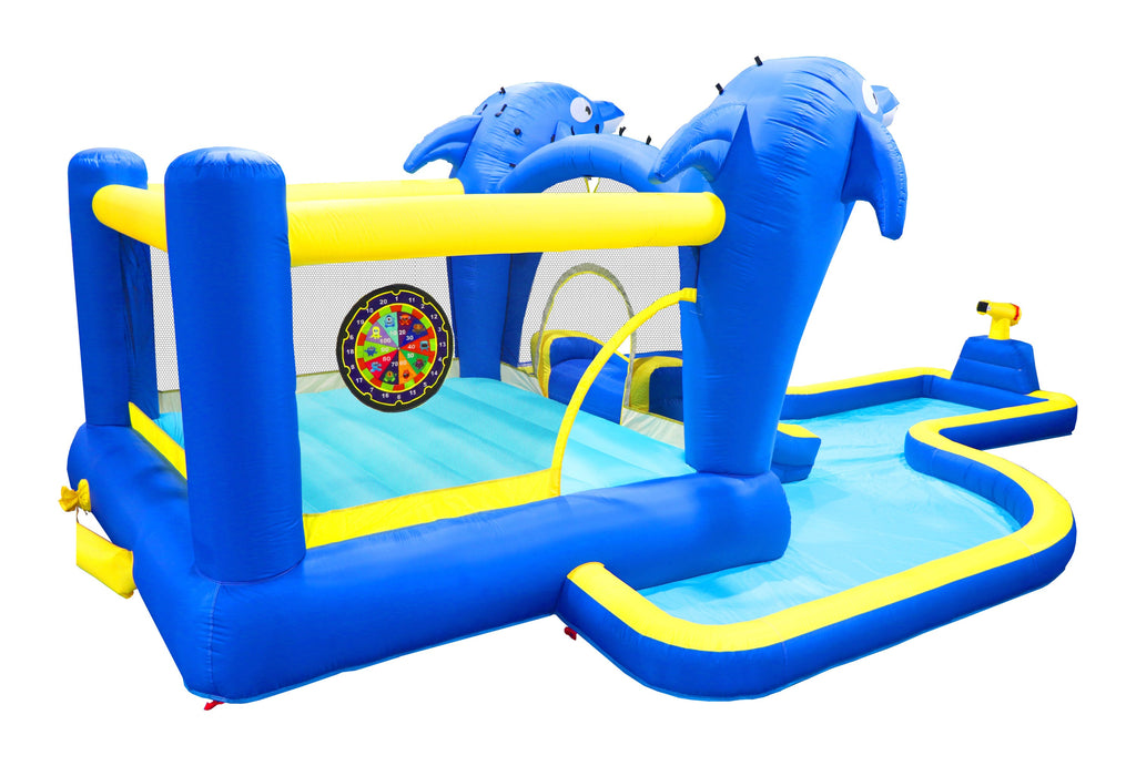 8 in1 Inflatable slide water park trampoline bouncing house outdoor garden with  Dolphin sprinkler & Target games & Water gun & Basketball