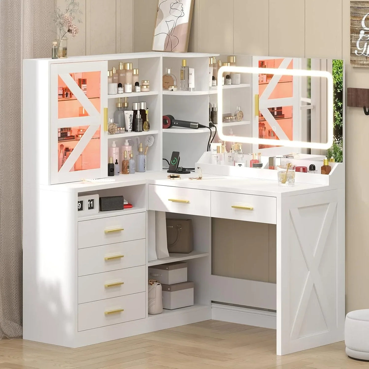L-Shaped Corner Vanity Desk with LED Lighted Mirror & Charging Station, White Makeup Vanity with 6 Drawers & Sliding RGB Cabinet